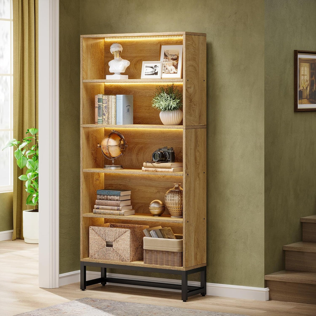 Tribesigns Tall Bookcase and Bookshelf, 70.8" Large Bookcases Organizer with LED Lights, Heavy Duty Free-Standing Library Bookshelf with 5-Tier Storage Shelves for Living Room, Bedroom (Brown)