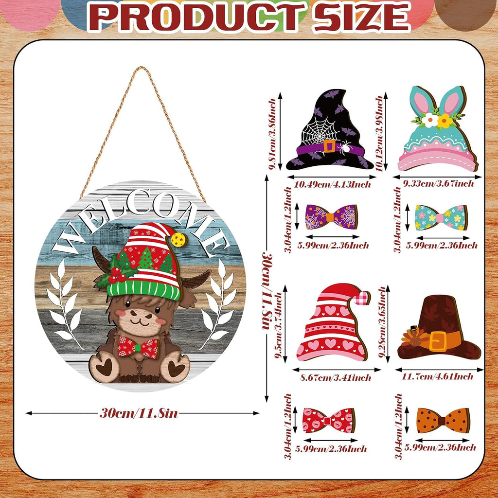 Glikceil 33 Pcs Holiday Interchangeable Highland Cow Wood Welcome Sign