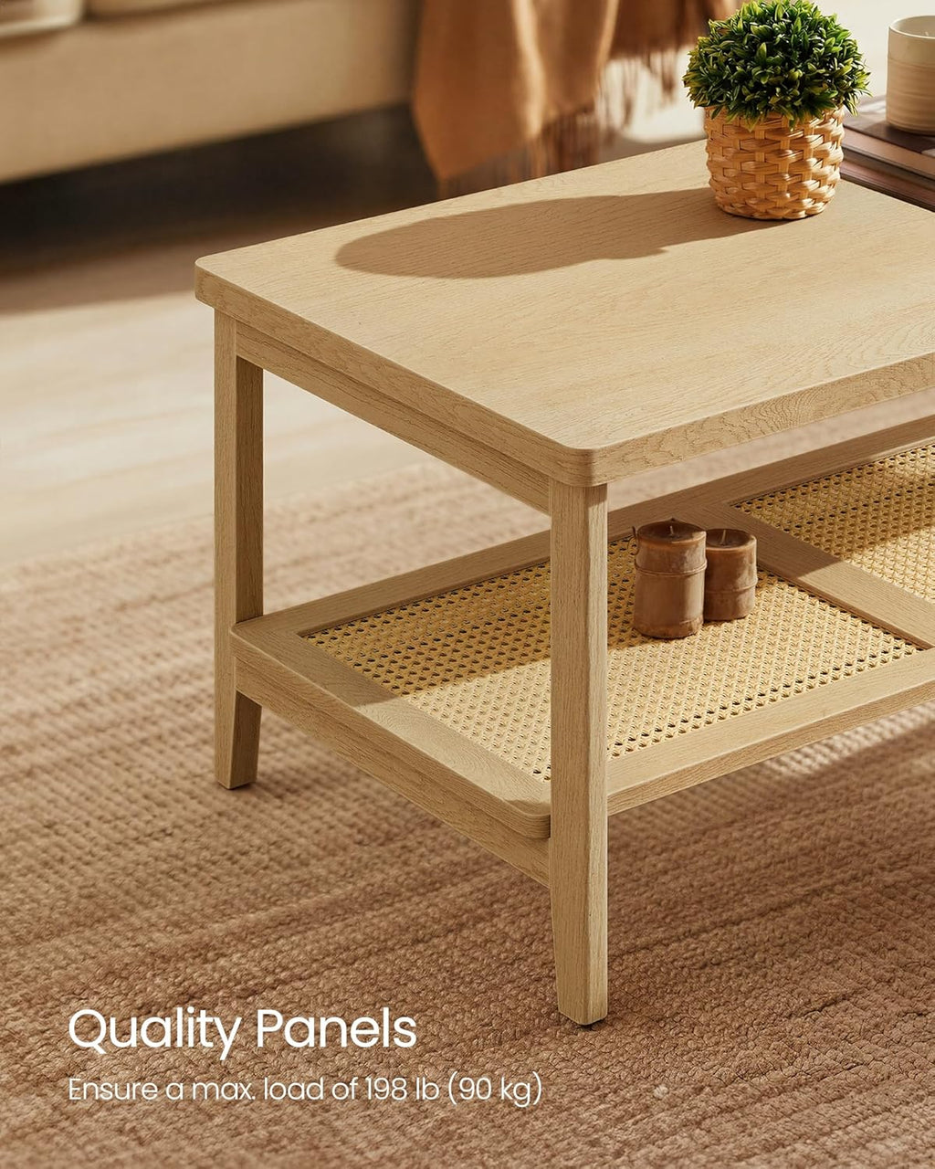 VASAGLE 2-Tier Coffee Table for Living Room, with PVC Rattan Storage Shelf