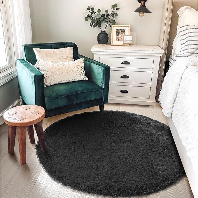Black Round Rug 4Ft for Bedroom, Fluffy Circle Area Rugs for Living Room Decor - Image 3