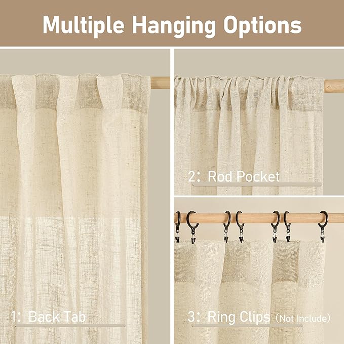 LAMIT 102 inches Long Sheer Linen Curtains, Linen Textured Light Filtering Semi - Image 2