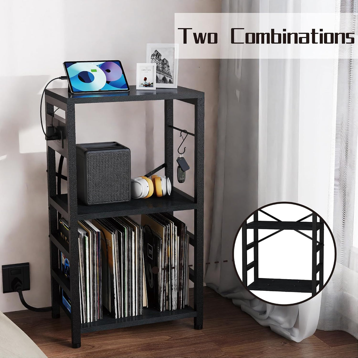 End Table with LED Light, Record Player Stand with Charging Station