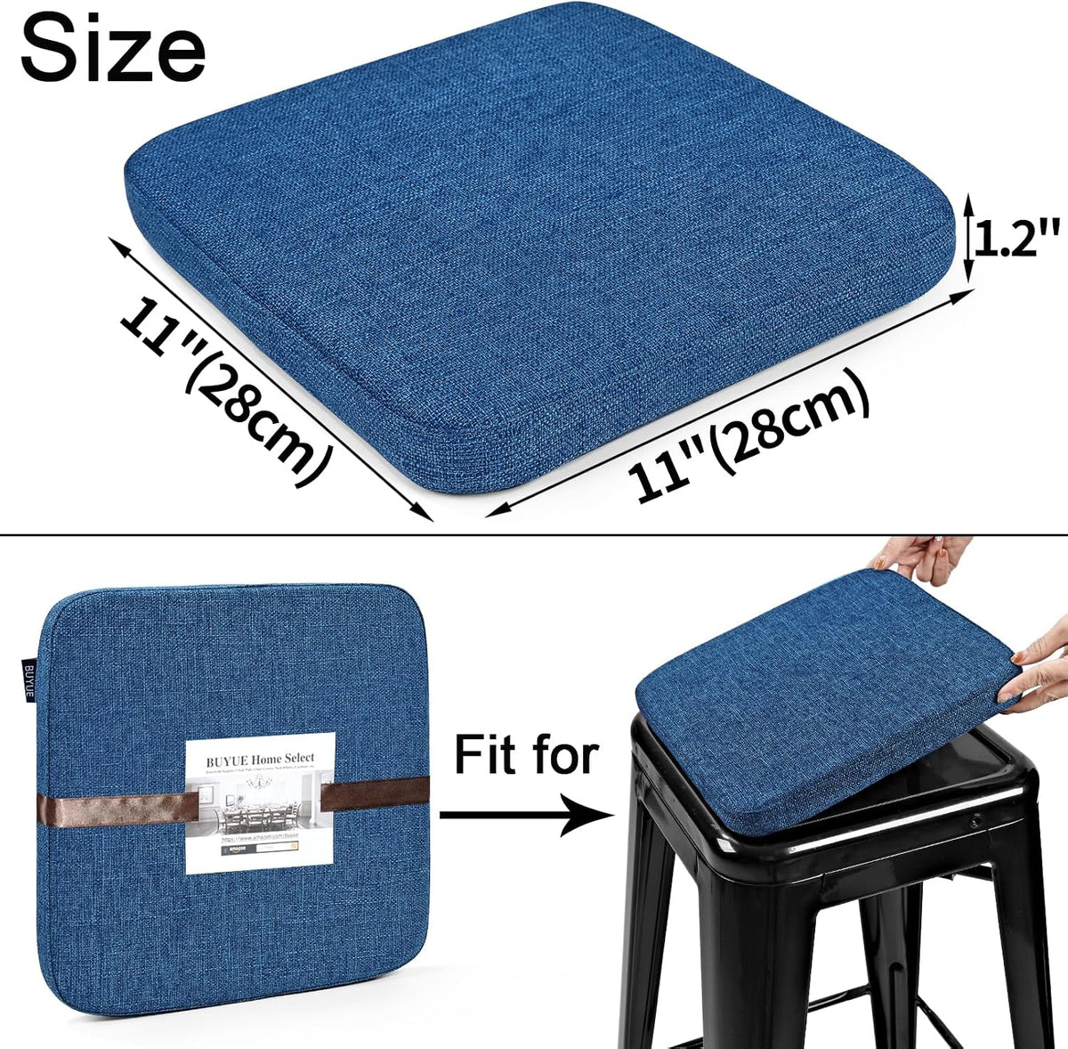 BUYUE Friendly Woven Fabric Magnetic Bar Stool Cushions Set of 4, Enhanced Anti-Slip Breathable Small Chair Seat Pads for Café Bistro Stackable Metal Stools (Square, Dark Blue, 4 Counts)