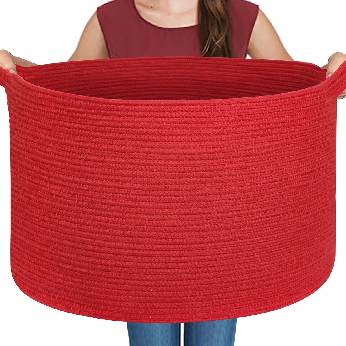 Extra Large Red Basket for Organizing, 22" X 22" X 14" Woven Cotton Rope Bins for Blankets, Baby Nursery Wicker Laundry Basket, Kids Dog Toy Storage Box, Big Red Living Room Decor Organizer