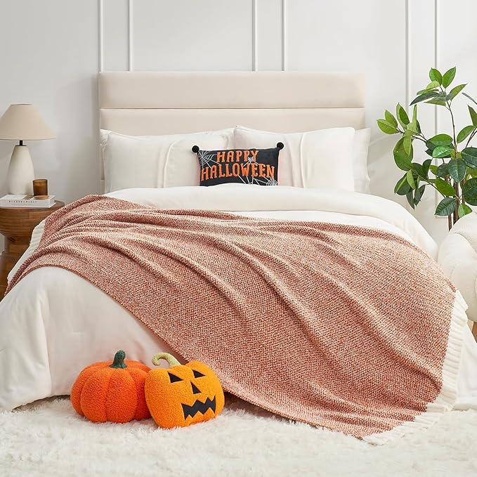 Snuggle Sac Orange Fall Blanket Twin Size, Oversized Soft Warm Cozy Knit - Image 2