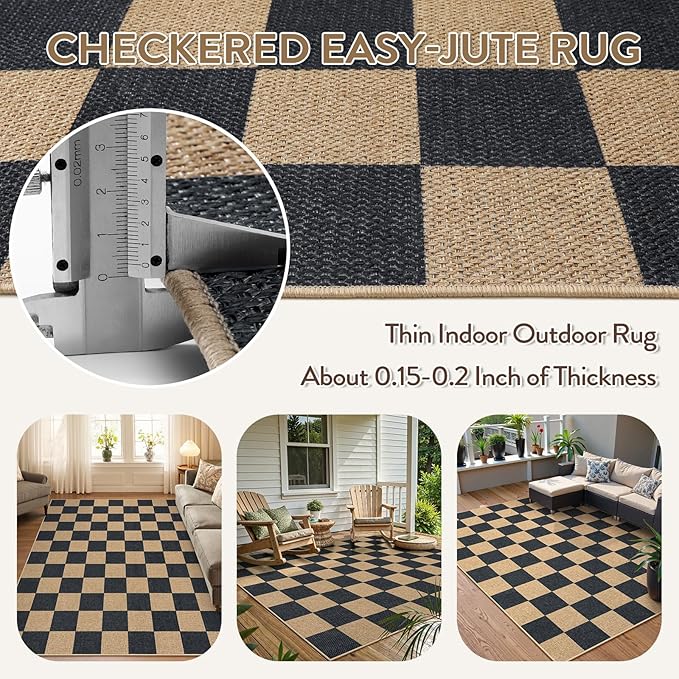 Lahome Checkered Easy Jute Area Rug, 5x7 Outdoor Patio Rug Washable Carpet - Image 3