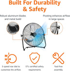 Amazon Basics 20" High Velocity Industrial Cooling Floor Fan with 3 Speeds, Tilt Head, ETL-Listed Safety Compliance, Metal Housing and Blades, for Commercial Space/Garage/Gym, 125W, Black