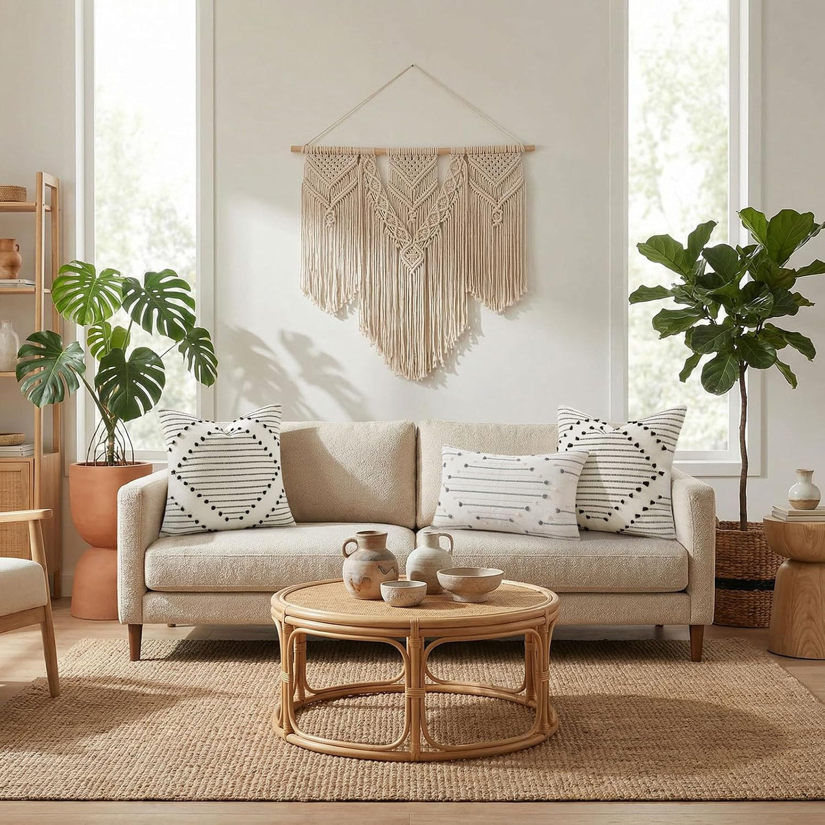 Mecatny Boho Outdoor Throw Pillow Covers 18x18 Set of 2 Beige & Grey