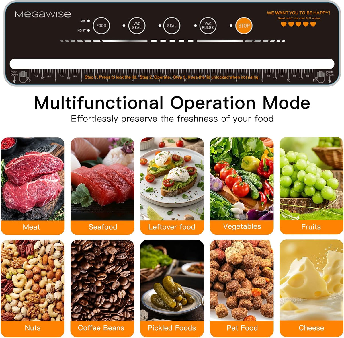 MEGAWISE Vacuum Sealer Machine, 80kPa, Built-In Cutter, Dry/Moist