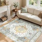 Area Rugs 4'x6' Washable Non-Slip, Floral Vintage Distress Print Pattern by RELEANY