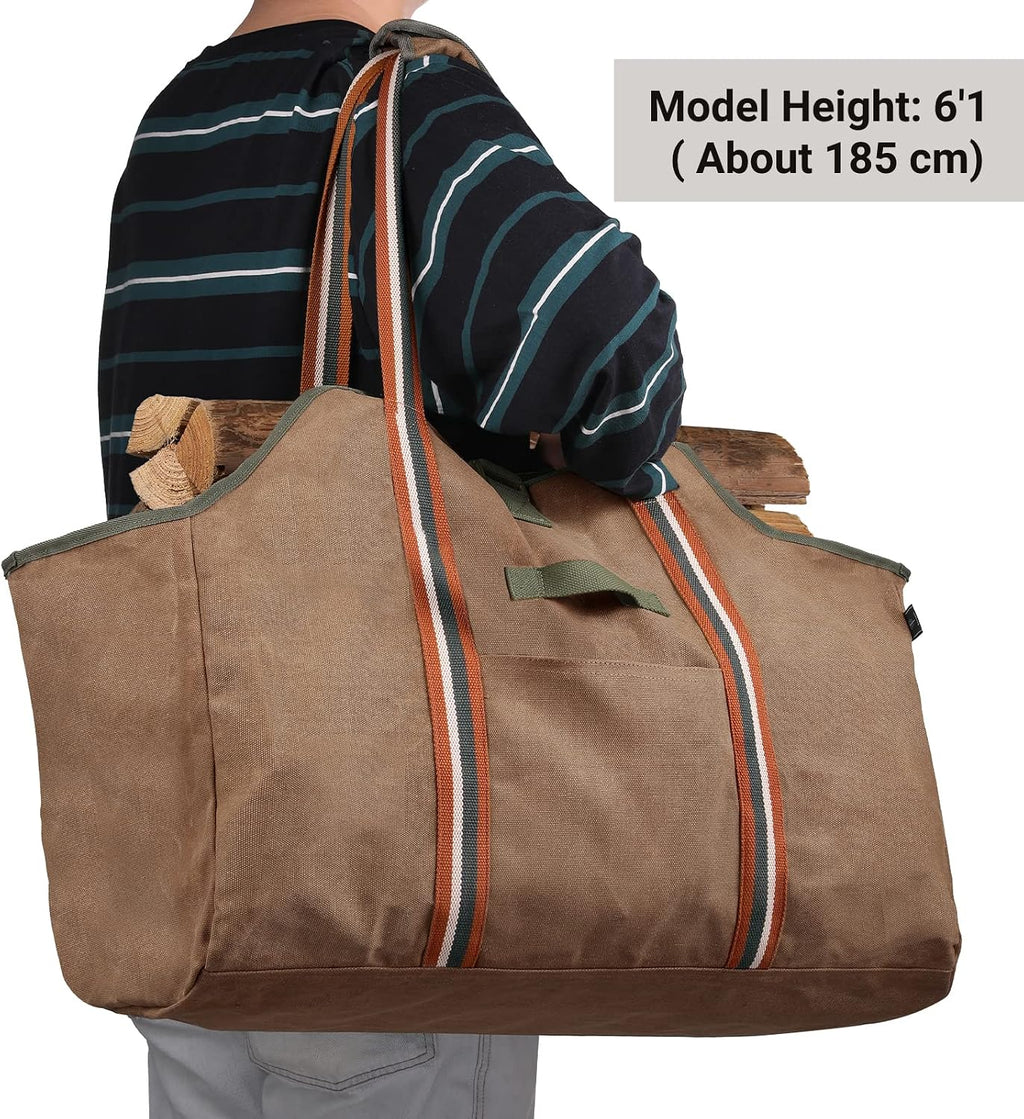 Firewood Carrier Bag Waxed Canvas Waterproof Extra Large Log Carrier Holder Freestanding Tote Bag for Firewood