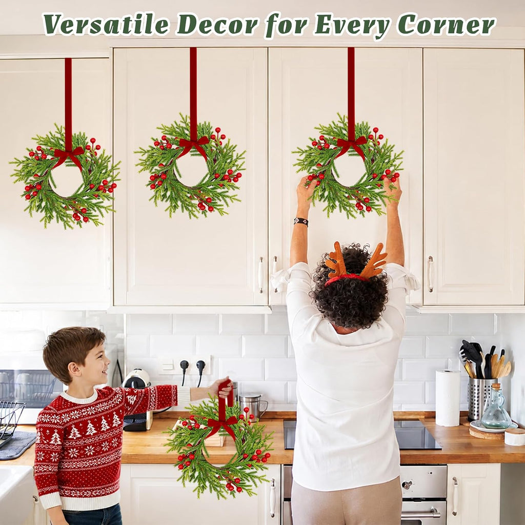 6 Pack Mini Christmas Wreaths for Kitchen Cabinets,with Ribbon Bows Berry