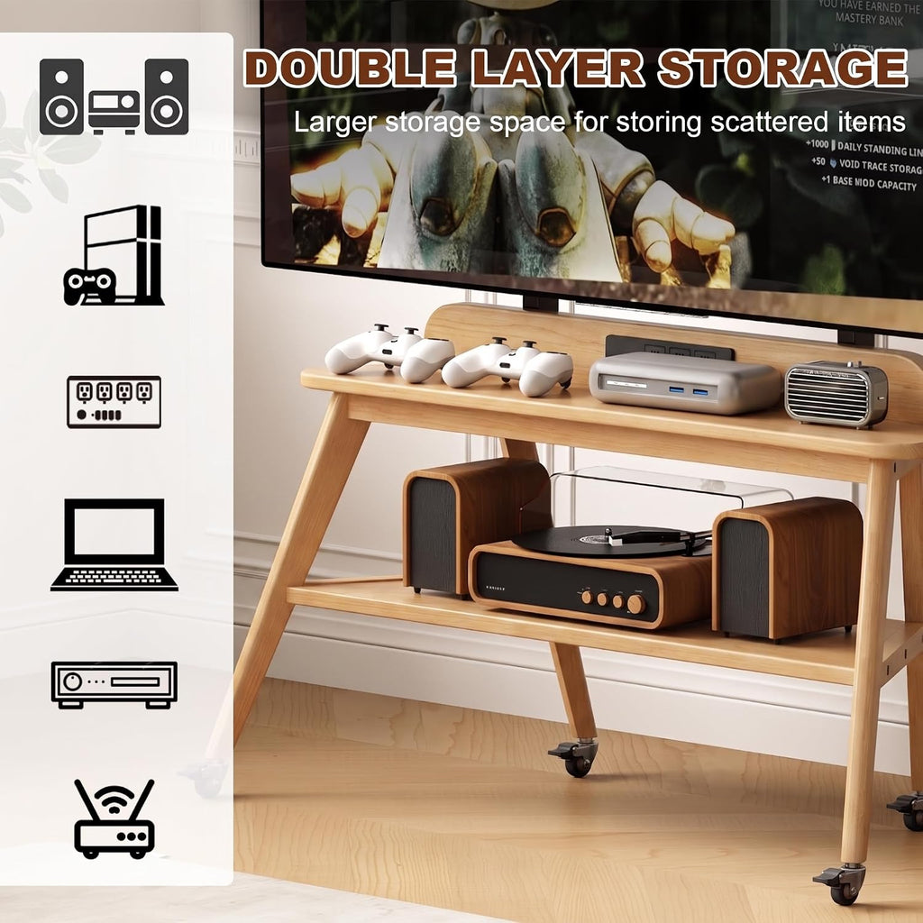 Solid Wood Rolling TV Stand with Power Outlet, Mobile TV Stand