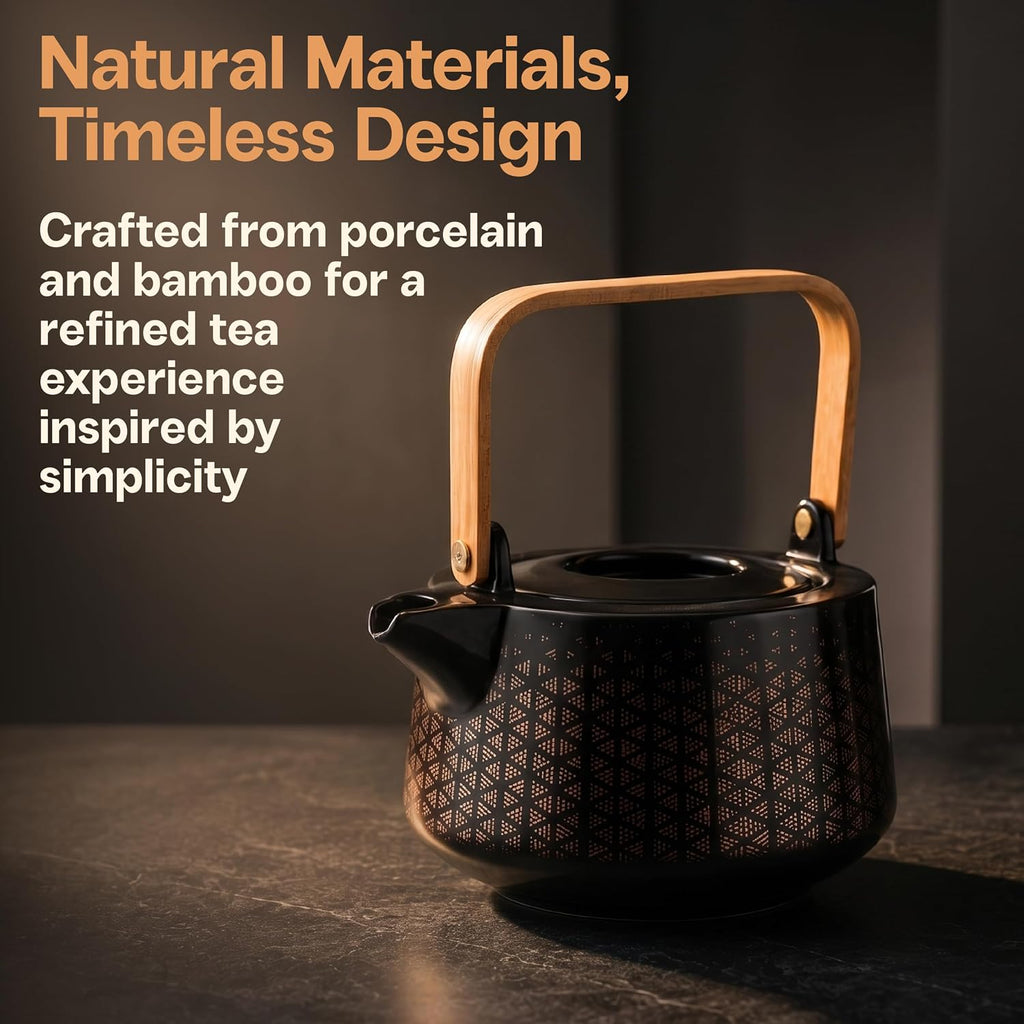 Ceramic Teapot, 1L (33.8 oz), Matte Black Tea Pot with Foldable Bamboo Handle and Copper Geometric Design, Serves 4 to 5, Gift Boxed Teapot for Steeping and Serving Tea