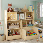 IDEALHOUSE Toy Storage Organizer with Movable Drawers, Kids Bookshelf with Hidden Wheels and 5 Open Cubbies, Multifunctional Storage Cabinet Chest for Playroom
