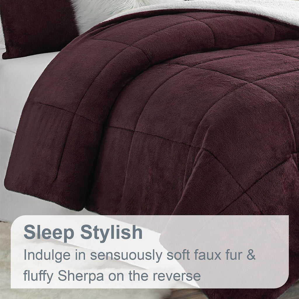 Swift Home Full/Queen Comforter Set, Reversible Faux Fur Sherpa, Wine