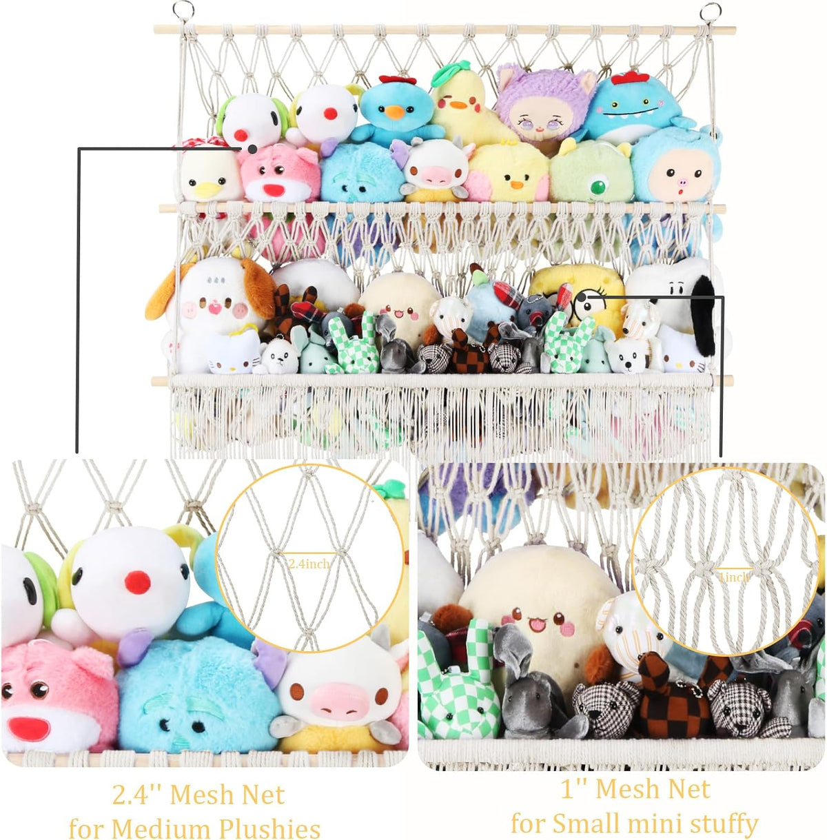 2 Tier Stuffed Animal Storage Shelf Net, 35x30'' Large Plushie Net Beige