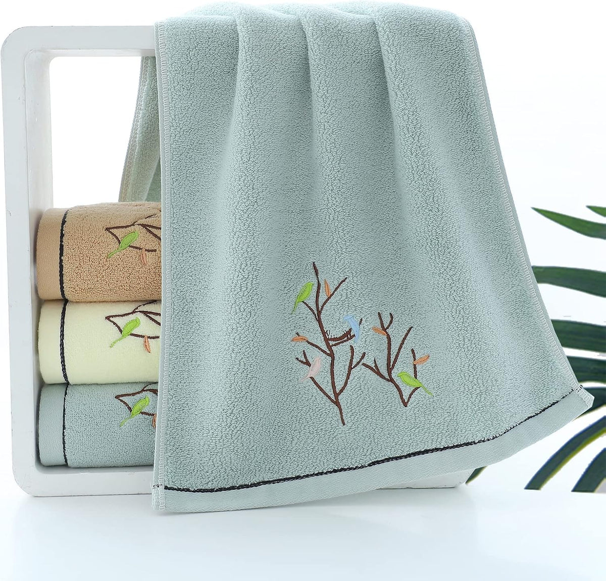 Pidada Embroidered Bird Tree Hand Towels for Bathroom Set of 2,Aqua Green