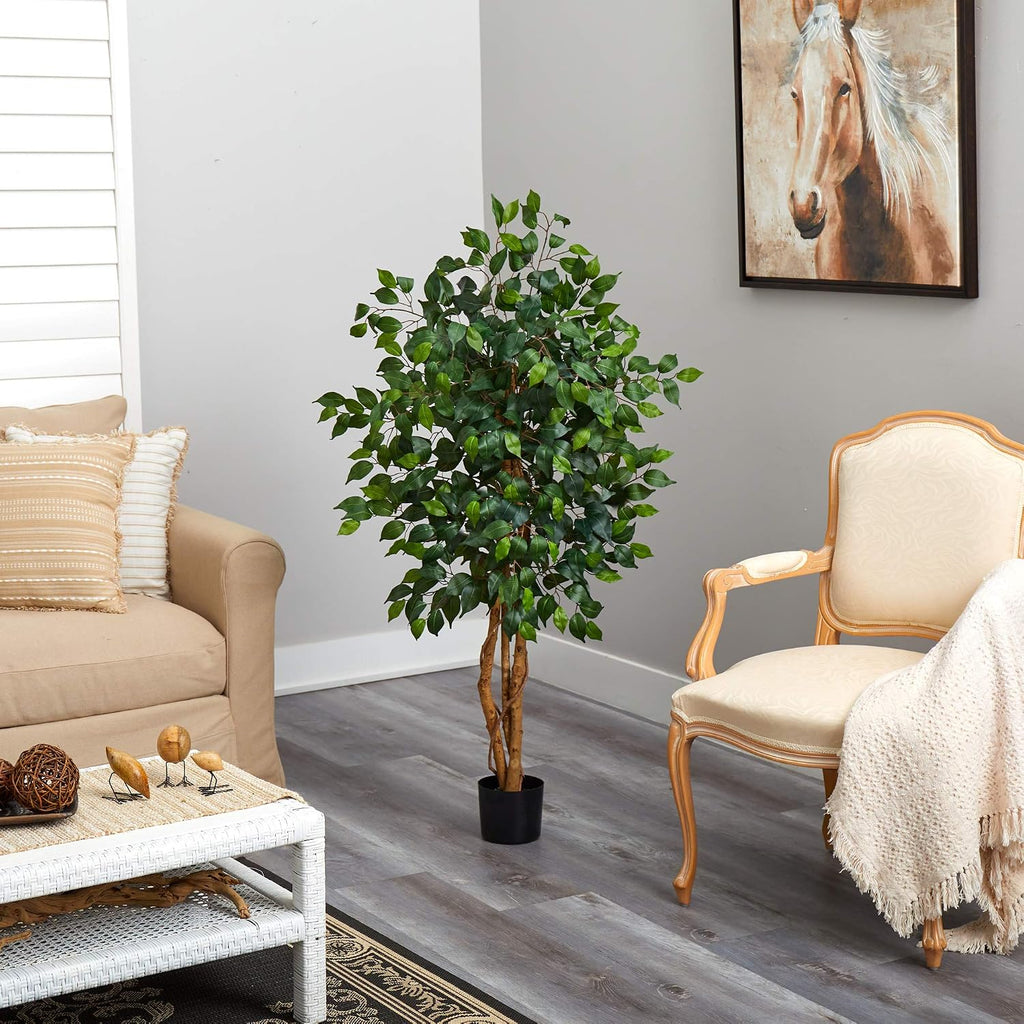 Nearly Natural 4 ft Artificial Triple Trunk Ficus Tree with Pot