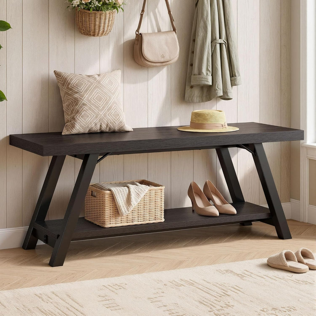 LVB Entryway Bench with Storage, Wood Bench for Entryway, Dark Gray Oak