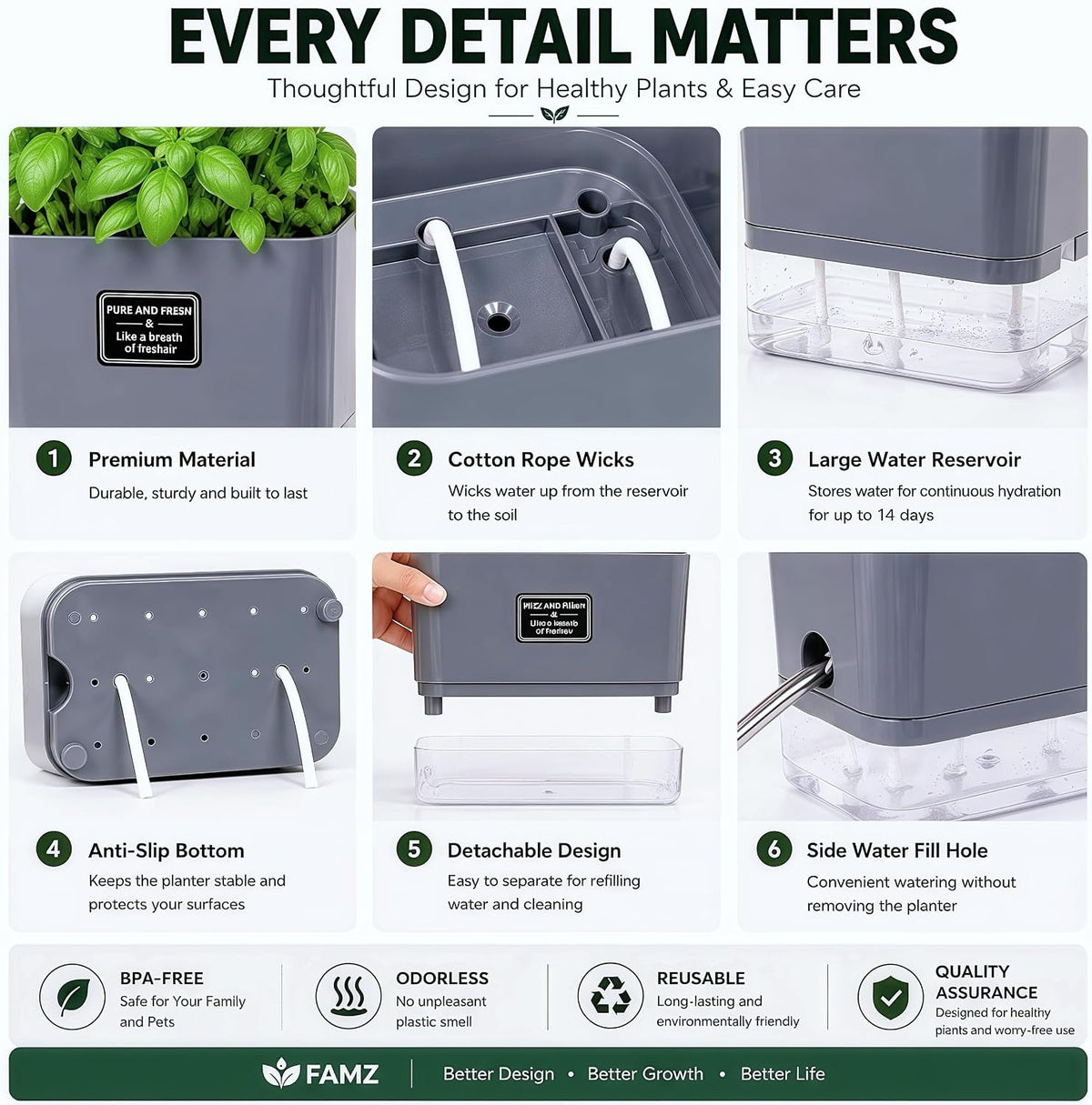 Self Watering Planters 4 Pack, 7 Inch Rectangle Plant Pots with Visible Water Reservoir, Indoor Outdoor Herb Planter Boxes for Windowsill，African Violets，Succulents，Flowers，Kitchen，Office，Balcony Gray