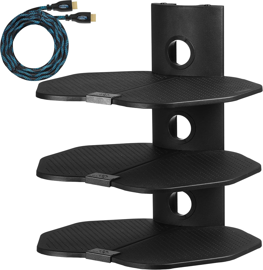 Cheetah TV Wall Mount 3 Shelf Bracket, with 15ft HDMI Cable, Three 18x16-Inch Black Components Shelves Under TV for Cable Box, Blu Ray Player, Stereo AV, AS3B