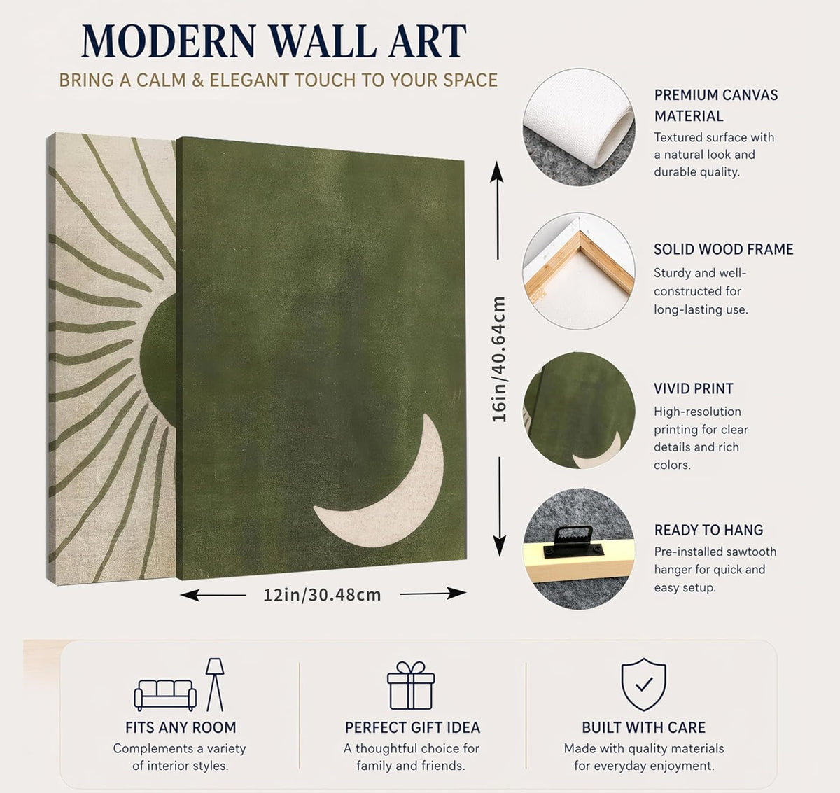 PYOYGU Sage Green Boho Sun & Moon Bedroom Wall Decor Set of 2, 12x16 In