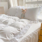 MOOWOO Chic Ruffle Lace Polyester Duvet Cover Set -Girl White Bedding-3 Piece Full Duvet Cover with Zipper Closure -Ultra Soft and Light Weight (White, Full)-No Comforter