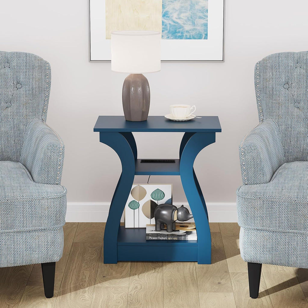 FROMJBEST End Tables Living Room, End Table with Charging Station Navy Blue