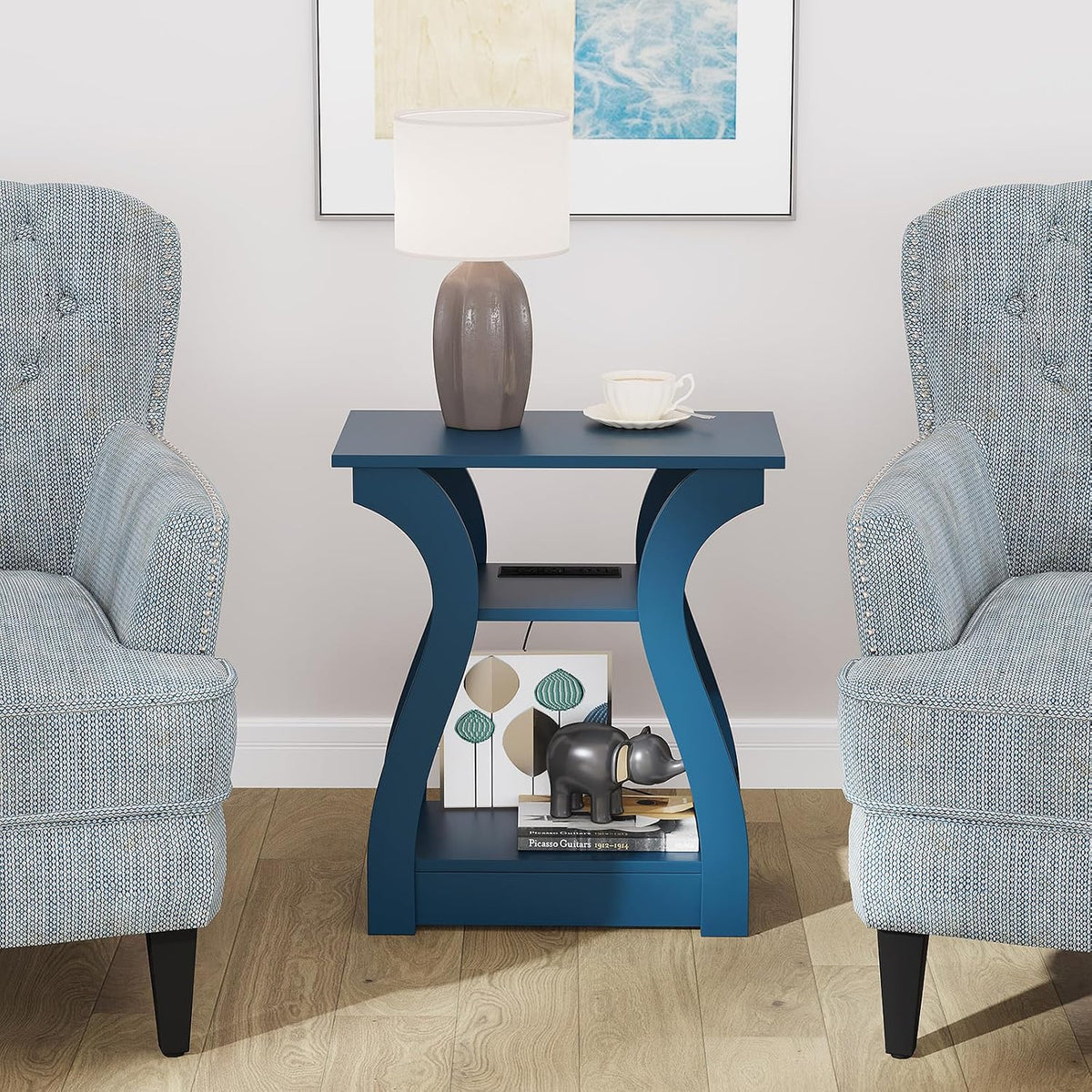 FROMJBEST End Tables Living Room, End Table with Charging Station Navy Blue