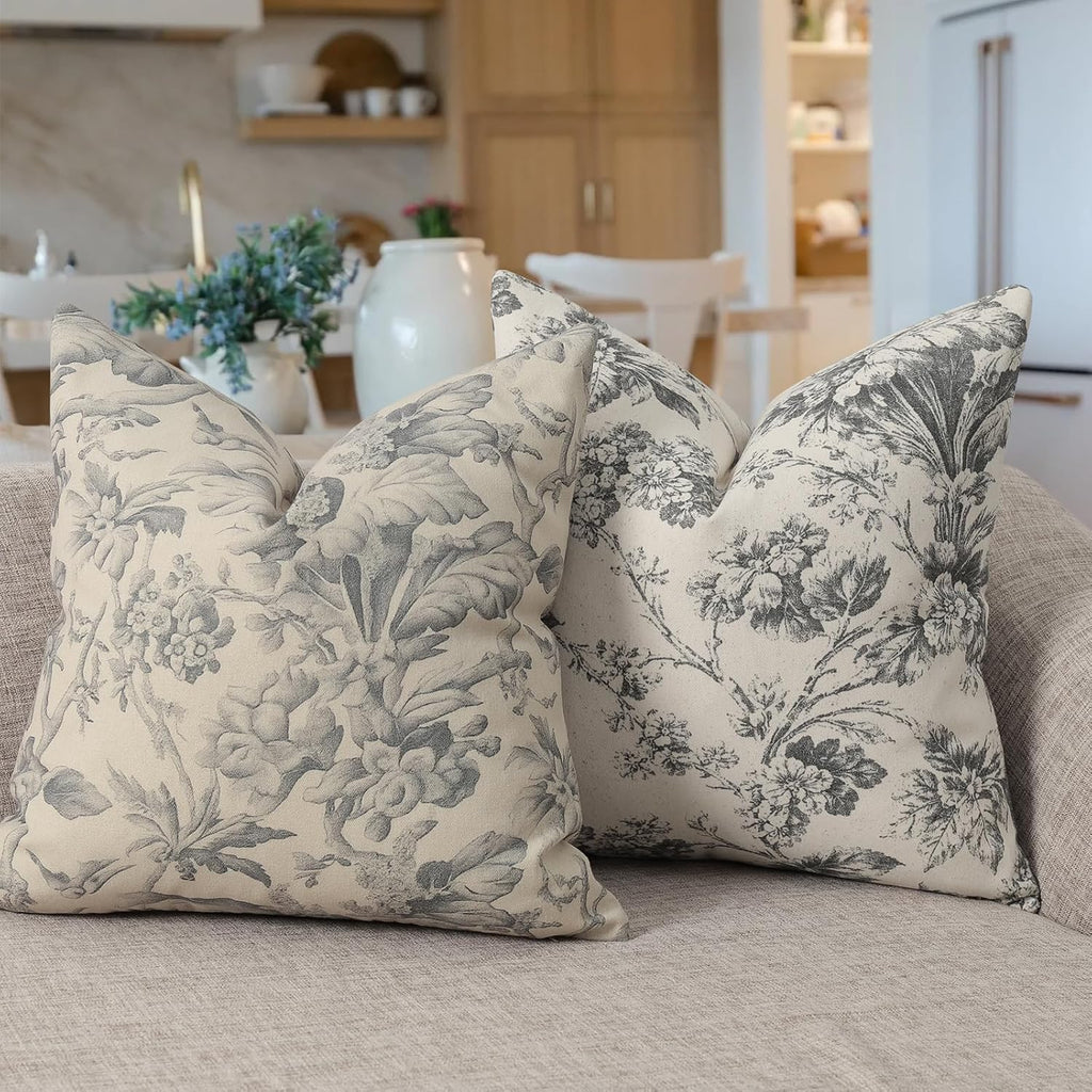 Buenohuas Farmhouse Decorative Pillow Covers 20x20 Set of 2, Vintage Botanical Floral Patterned Cushion Covers for Sofa Couch Chair Bed Living Room Home Decor Accents, Charcoal Gray
