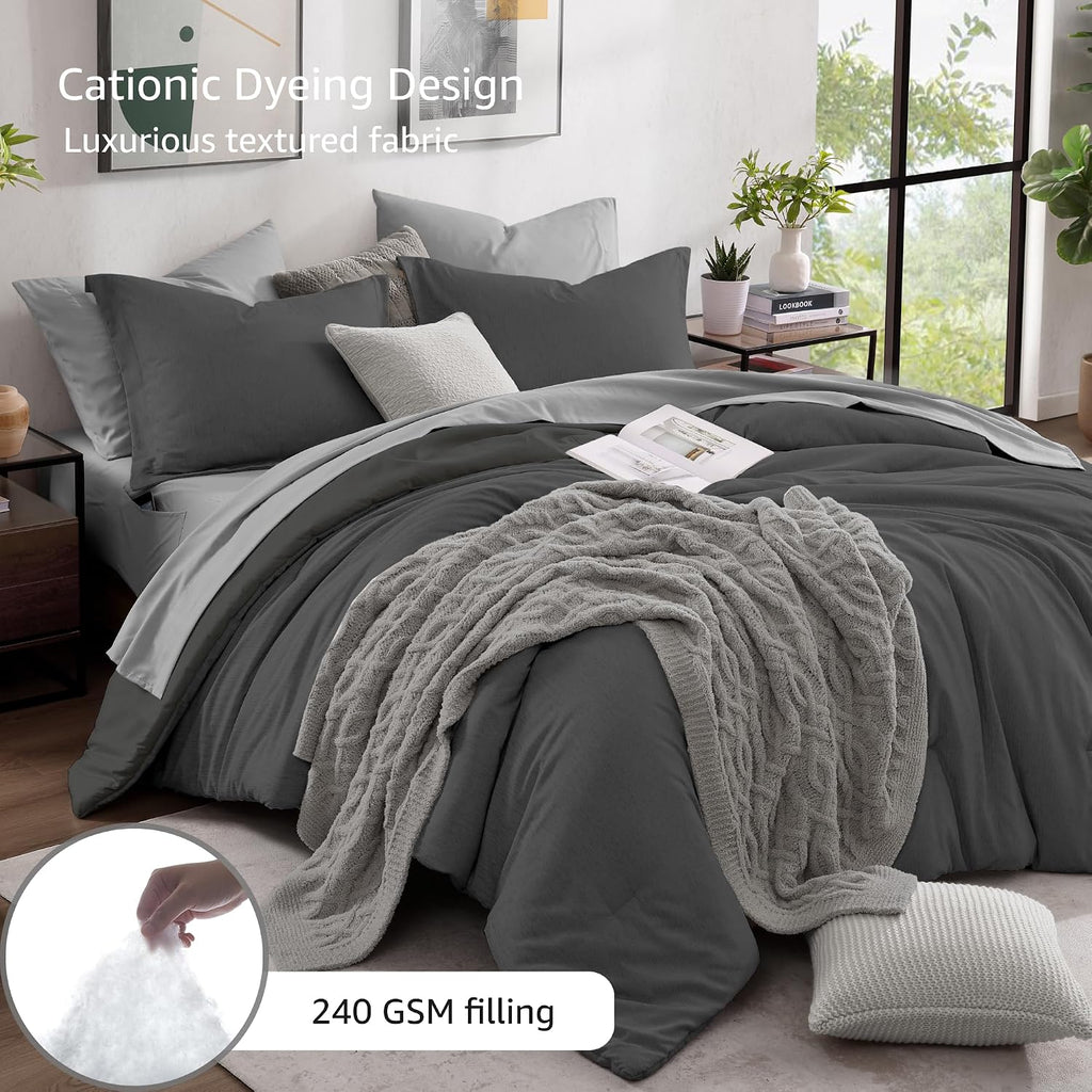 Monbix Queen Comforter Set 7 Pieces Dark Grey Cationic Dyeing Bed in a Bag