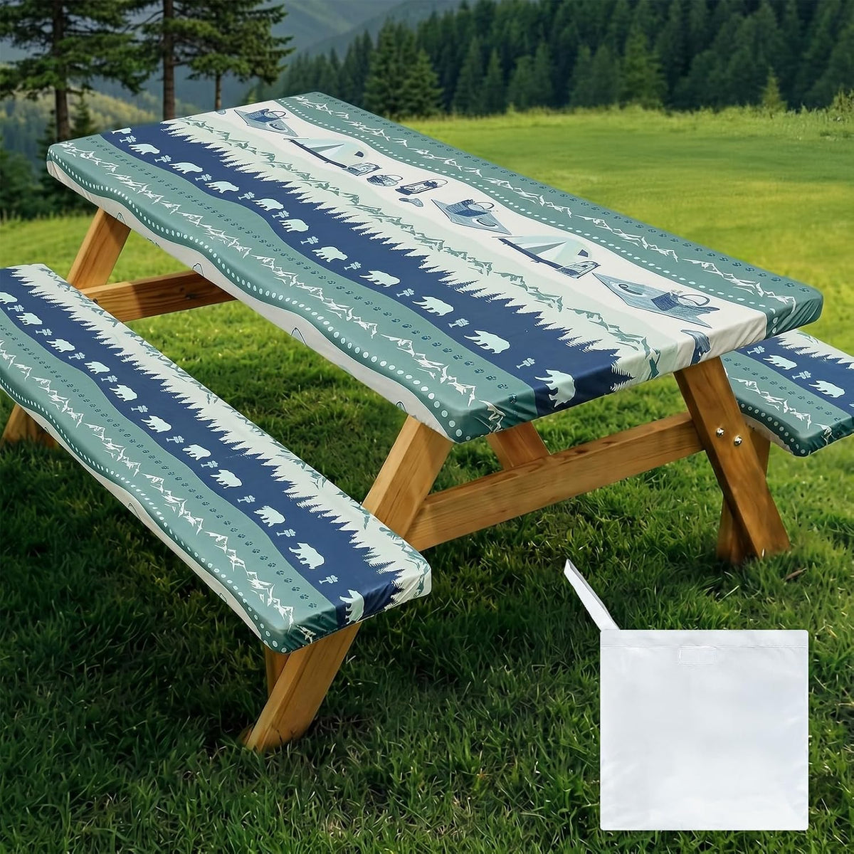 Picnic Table Cover with Bench Covers Camping Tablecloth Set with Pocket