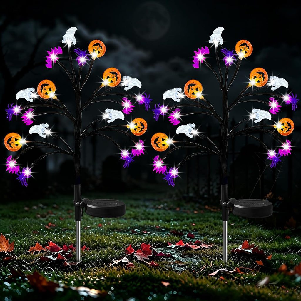 Solar Halloween Lights, 2 Pack IP65 20 LED 8 Modes Auto On/Off, 3D Ghosts Bats Spiders Pumpkins, Cool White Glow, Auto On/Off Sensor, IP65 Rated — Garden, Yard, Patio, Porch, Party Decor