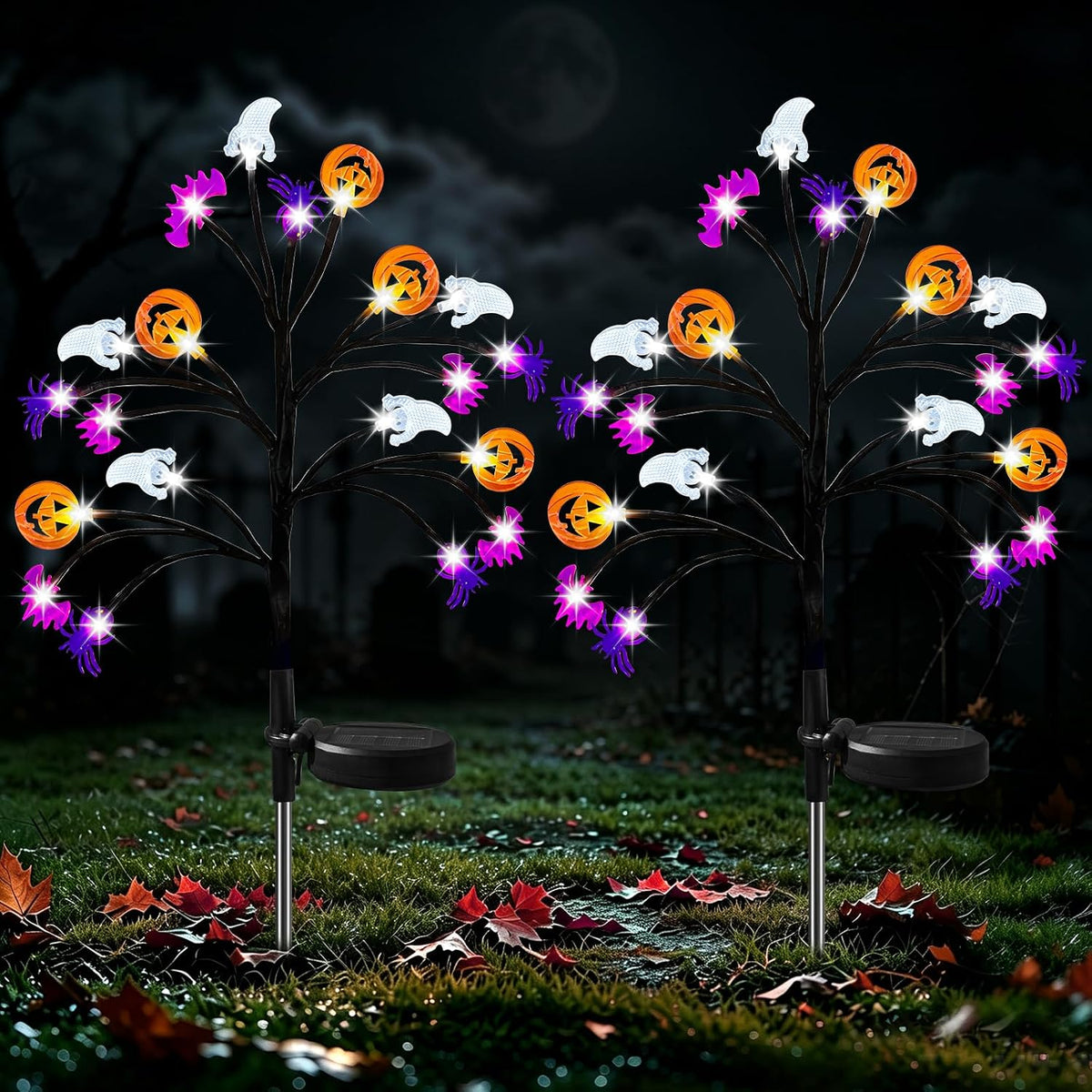 Solar Halloween Lights, 2 Pack IP65 20 LED 8 Modes Auto On/Off, 3D Ghosts Bats Spiders Pumpkins, Cool White Glow, Auto On/Off Sensor, IP65 Rated — Garden, Yard, Patio, Porch, Party Decor