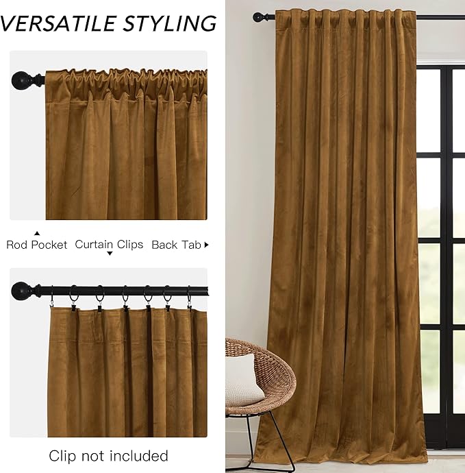 RYB HOME Brownish Gold Velvet Curtains 96 inch, Retro Vintage Room Darkening - Image 3