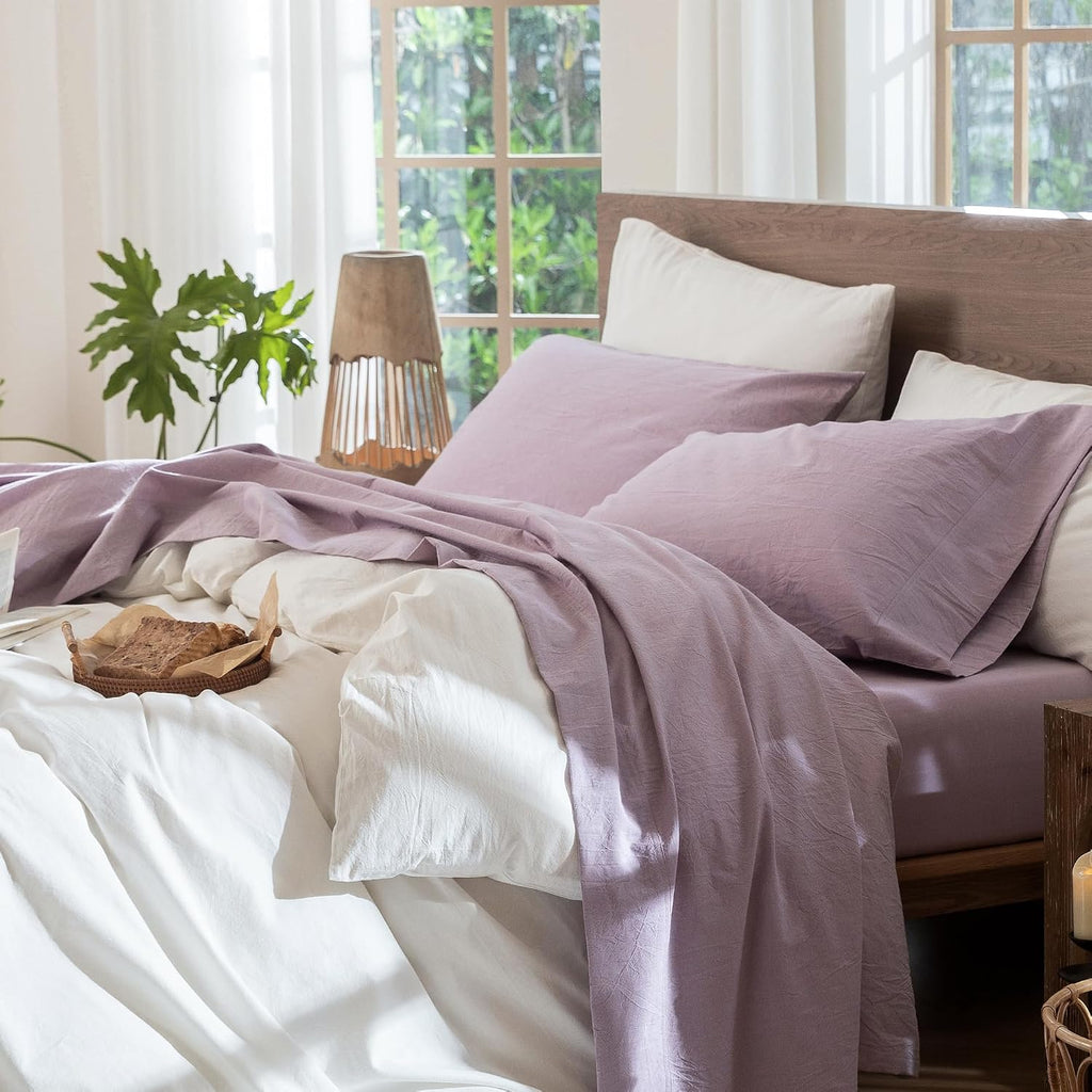 MooMee Sheet Set 100% Washed Cotton Linen-Like Extra Deep Pocket Queen