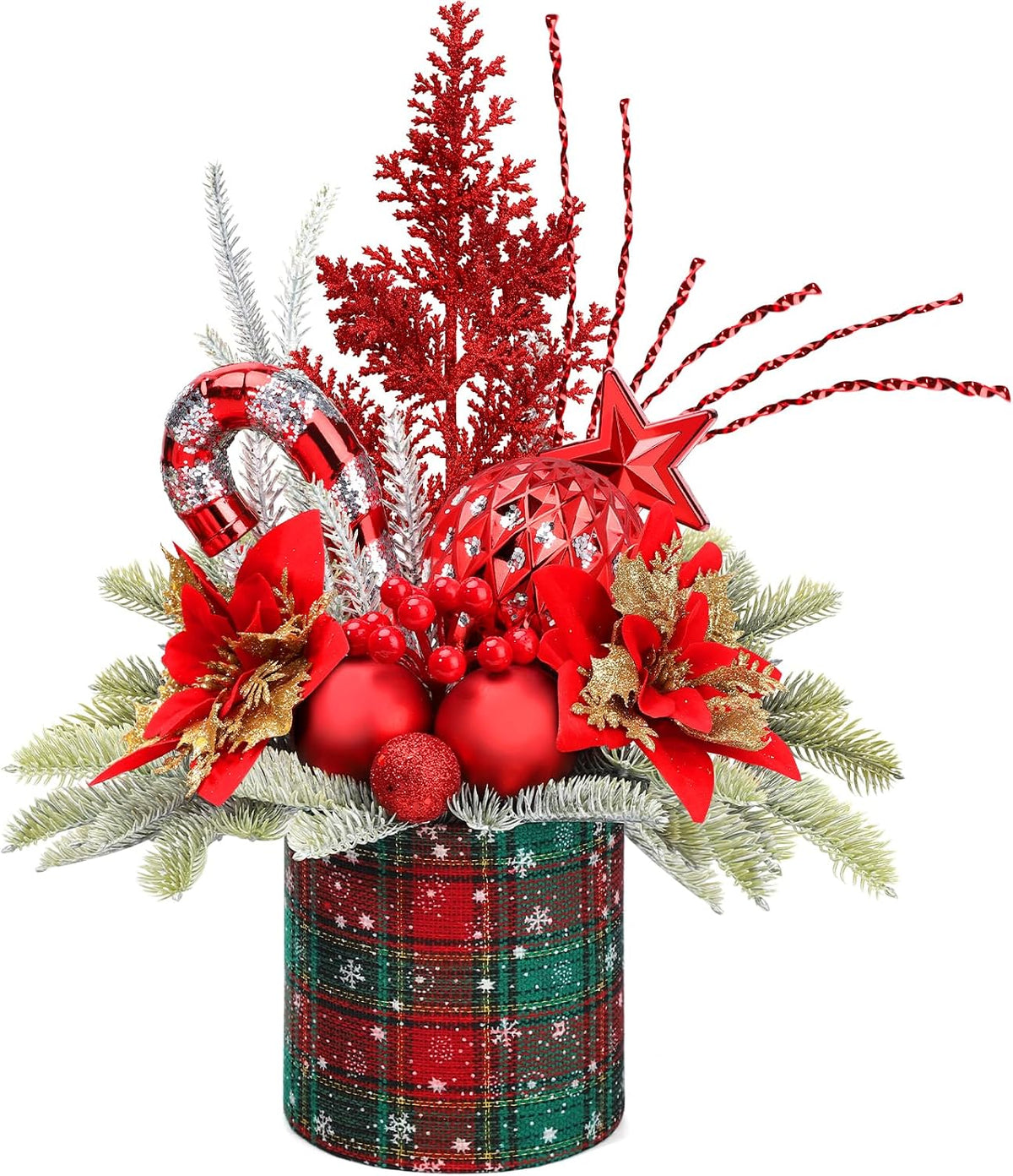 Small Christmas Tree Tabletop Artificial Mini Christmas Tree Decorations with Holiday Ornaments Red Berry Pine Cone Greenery for Home Indoor Fireplace Mantel Xmas Decor (Tree Stump-Red)