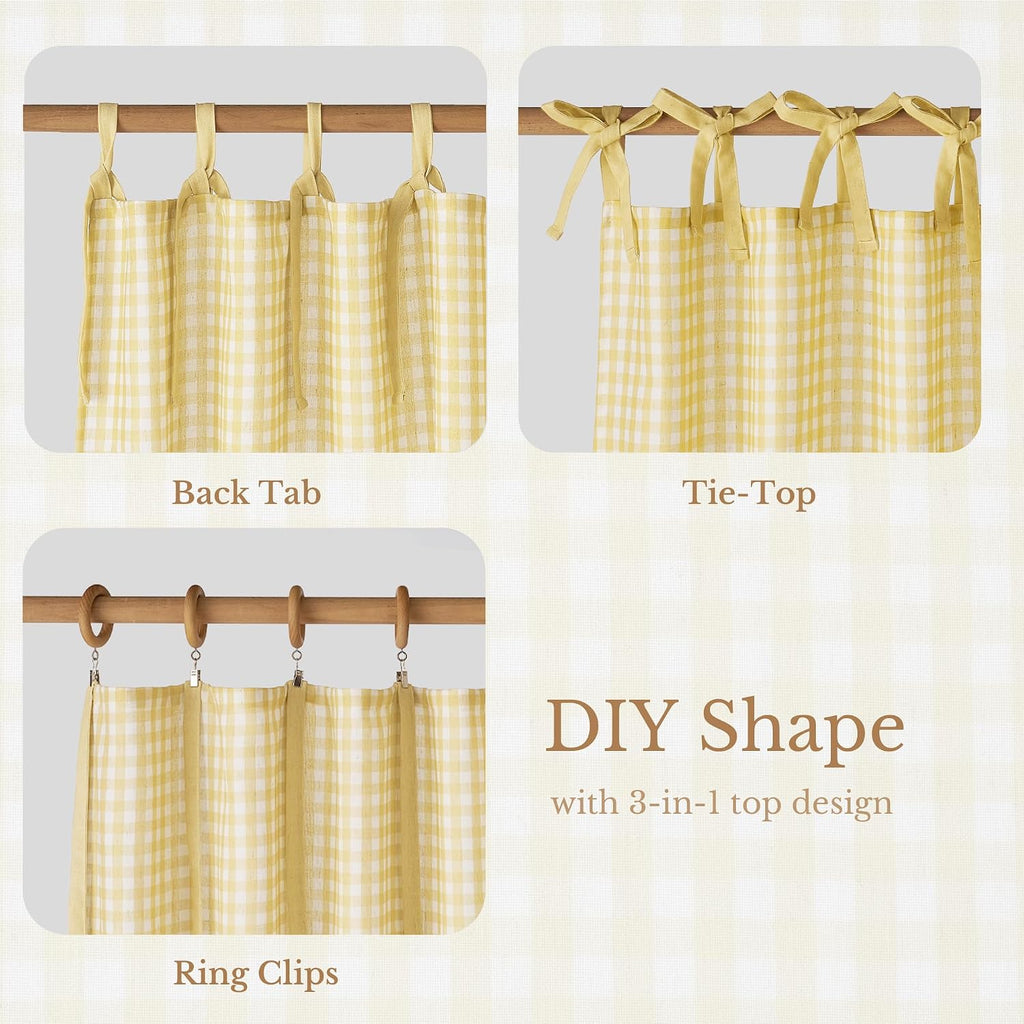 NICETOWN Butter Yellow Gingham Curtains, Tie Top Bow Knot Checkered Window Treatments Cheerful Rustic Farmhouse Semi Sheer Plaid Light Filtering Drapes for Kitchen Dining Room, W52 x L84, 2 Panels