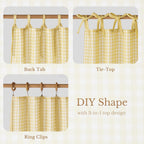 NICETOWN Butter Yellow Gingham Curtains, Tie Top Bow Knot Checkered Window Treatments Cheerful Rustic Farmhouse Semi Sheer Plaid Light Filtering Drapes for Kitchen Dining Room, W52 x L84, 2 Panels