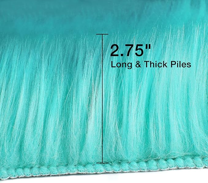 duduta Turquoise Blue Faux Sheepskin Fur Rug 3x5 ft, Fluffy Shag Bedroom Dorm - Image 2