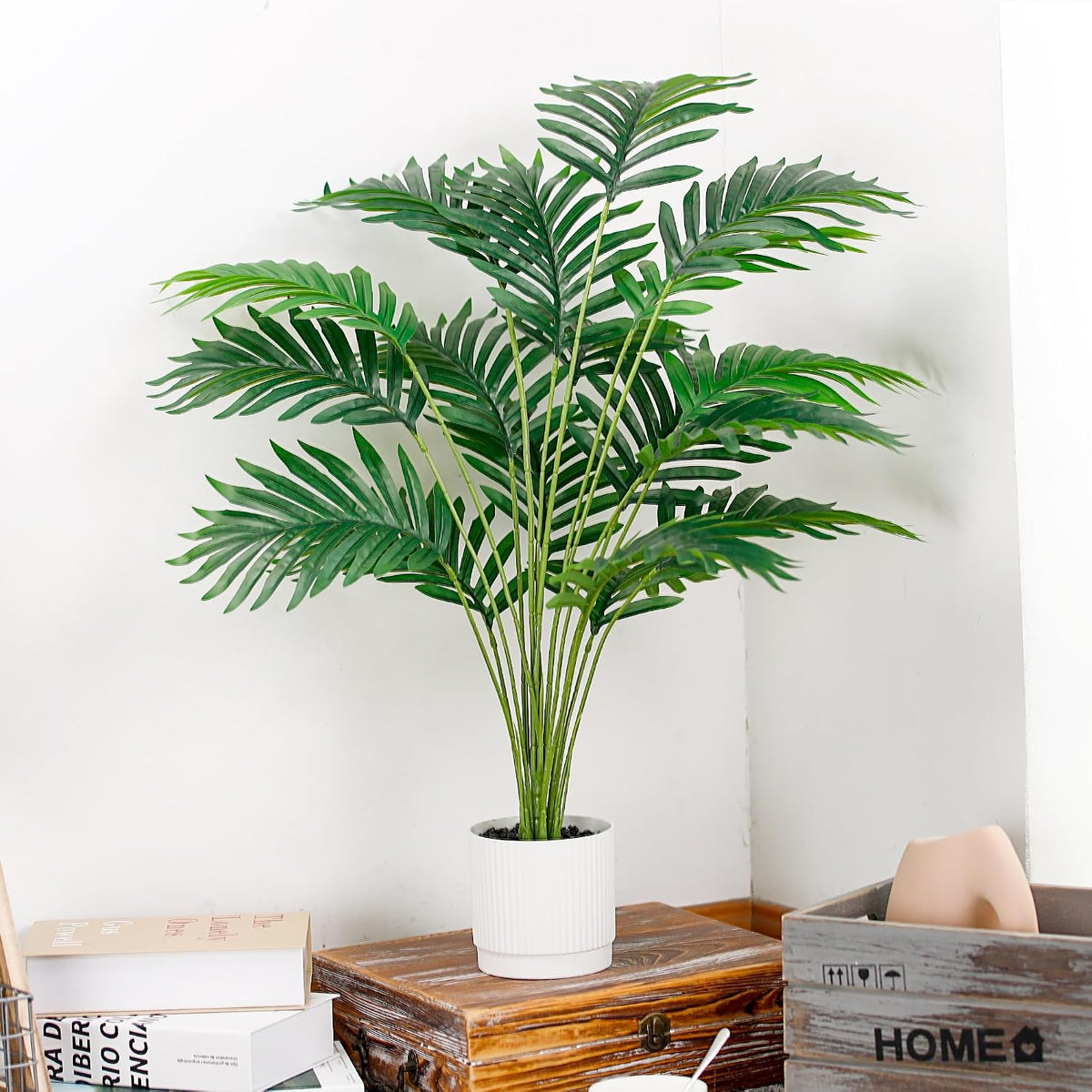 Der Rose 28" Fake Palm Tree, Artificial Plants Indoor in Modern White Pot
