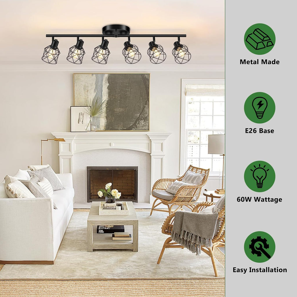 Baocuz 6-Lights Black Semi Flush Mount Ceiling Light, Multi-Directional Ceiling Light Fixtures, Rotatable Kitchen Track Lighting Fixtures with Wire Cages for Living Room, Dining Table, Foyer