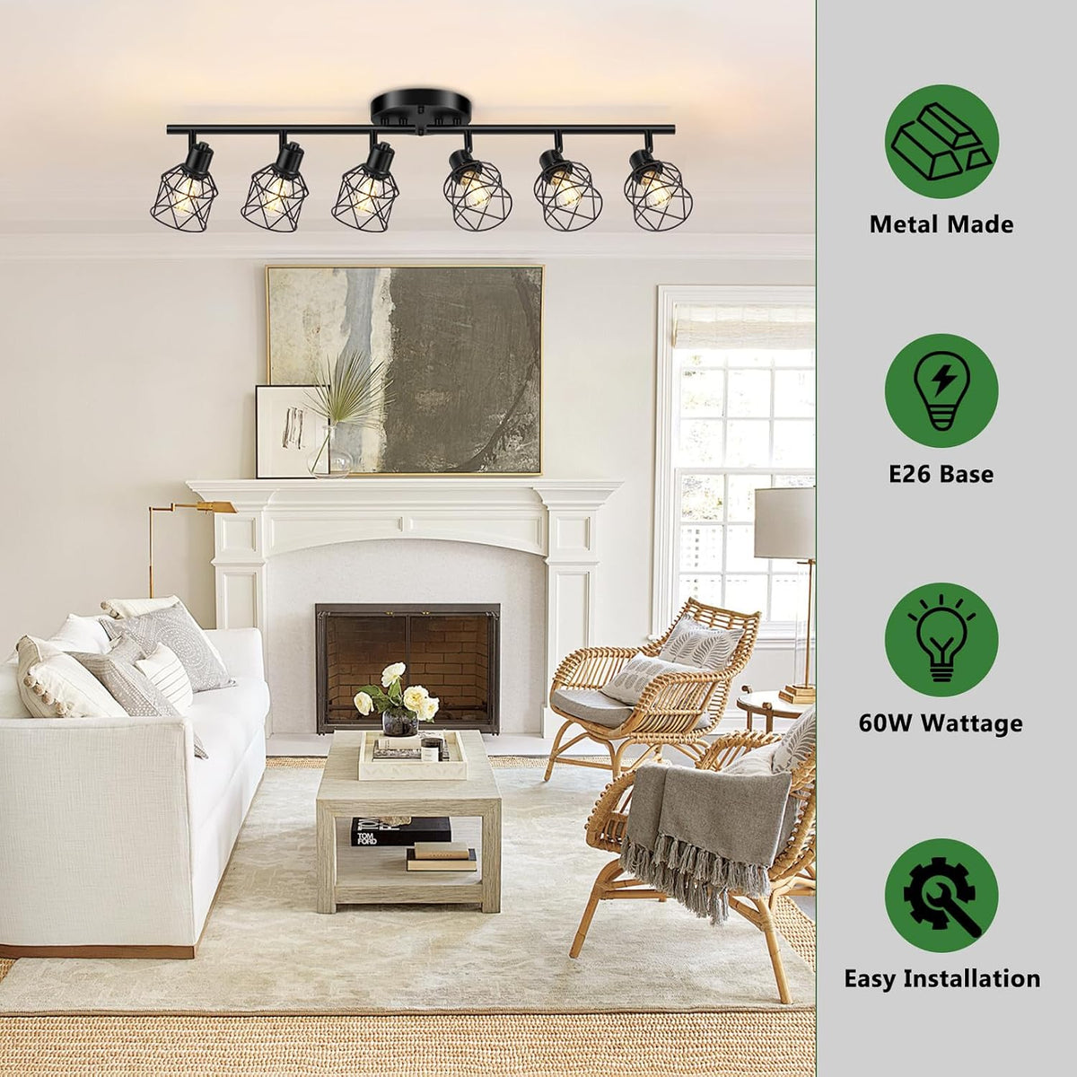 Baocuz 6-Lights Black Semi Flush Mount Ceiling Light, Multi-Directional Ceiling Light Fixtures, Rotatable Kitchen Track Lighting Fixtures with Wire Cages for Living Room, Dining Table, Foyer