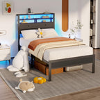 Furnulem Twin Bed Frames with Charging Station and LED Lights, Black Oak