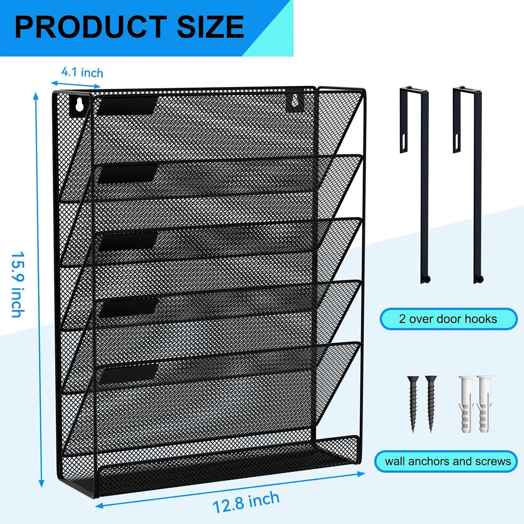 6-Tier Hanging File Organizer Office Cubicle Accessories for Work Organizer Wall Mount File Holder for Mails Folders Papers Magazine Organization, Black