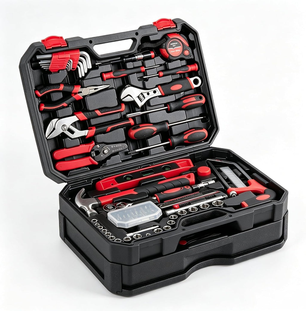 OLIXIS 330 Piece Home Repair Tool Kit with Pull-Out Drawer, Carbon & Cr-V Steel Tool Box, Complete Homeowners Repair Kit for DIY & Auto Maintenance for Home, Black-Red