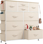 WLIVE 10 Drawer Fabric Dresser for Bedroom, Side Pocket Chest, Cream White