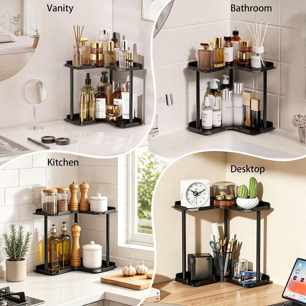 2 Tier Corner Bathroom Counter Organizer Storage Shelf, Black