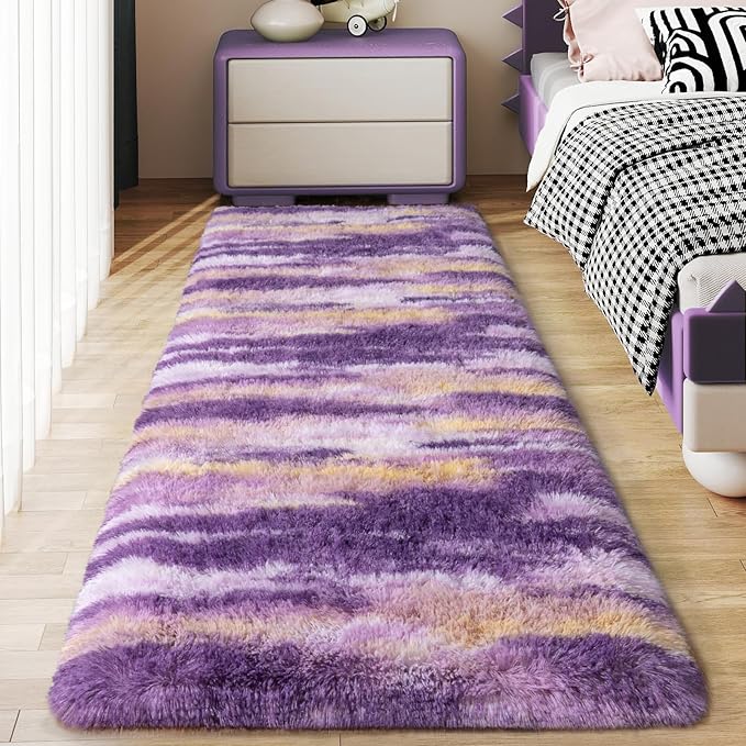 Soft Runner Rugs for Bedroom Hallways, 2x6 Abstract Purple Fluffy Shag Throw by Ailyei
